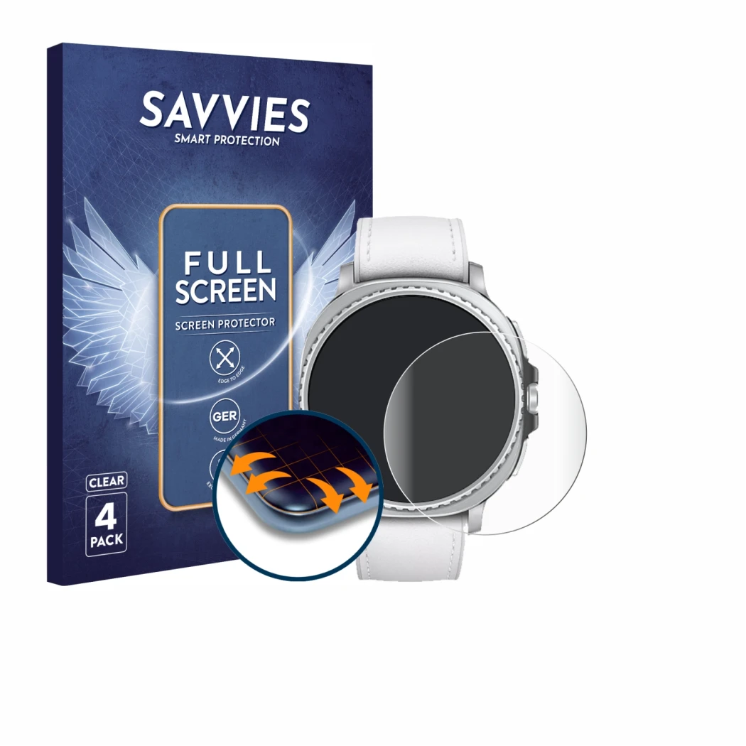 Vorderseite einer Produktverpackung mit dem Markenlogo Savvies. Daneben ist das Gerät Samsung Galaxy Watch 8 Classic (46 mm) m