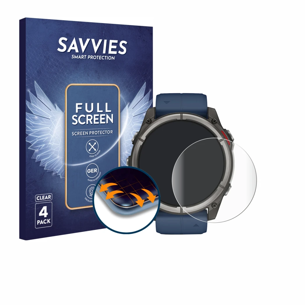 Vorderseite einer Produktverpackung mit dem Markenlogo Savvies. Daneben ist das Gerät Garmin quatix 8 (51 mm) mit dem zugehöri