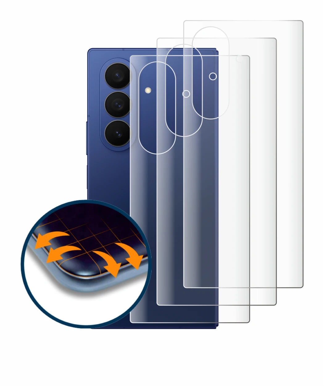Abbildung des Geräts Samsung Galaxy Z Fold 7 (Rückseite) mit einer Vielzahl des Displayschutzes.