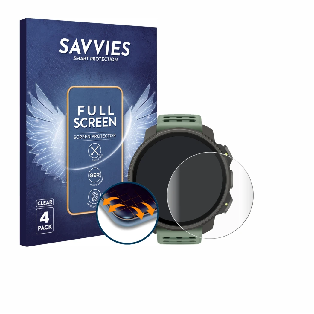 Vorderseite einer Produktverpackung mit dem Markenlogo Savvies. Daneben ist das Gerät Suunto Vertical 2 mit dem zugehörigen Di