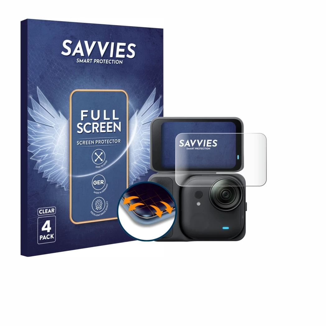 Vorderseite einer Produktverpackung mit dem Markenlogo Savvies. Daneben ist das Gerät Insta360 Go Ultra mit dem zugehörigen Di