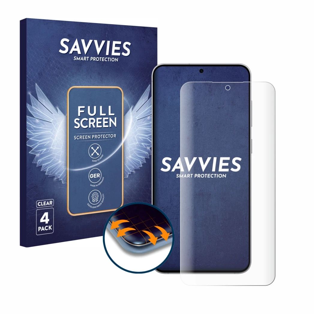 Vorderseite einer Produktverpackung mit dem Markenlogo Savvies. Daneben ist das Gerät Samsung Galaxy S25 FE mit dem zugehörige