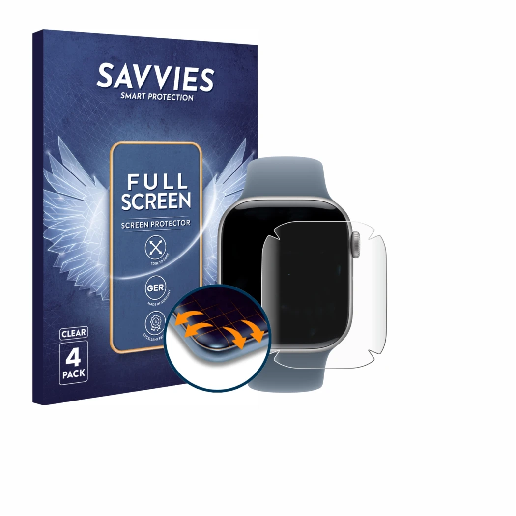 Vorderseite einer Produktverpackung mit dem Markenlogo Savvies. Daneben ist das Gerät Apple Watch Series 11 (42 mm) mit dem zu