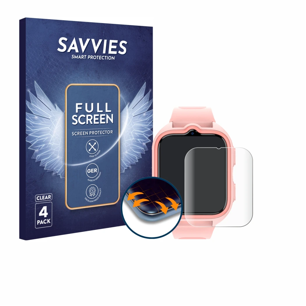 Vorderseite einer Produktverpackung mit dem Markenlogo Savvies. Daneben ist das Gerät Blackview Z30 Kids Smartwatch mit dem zu