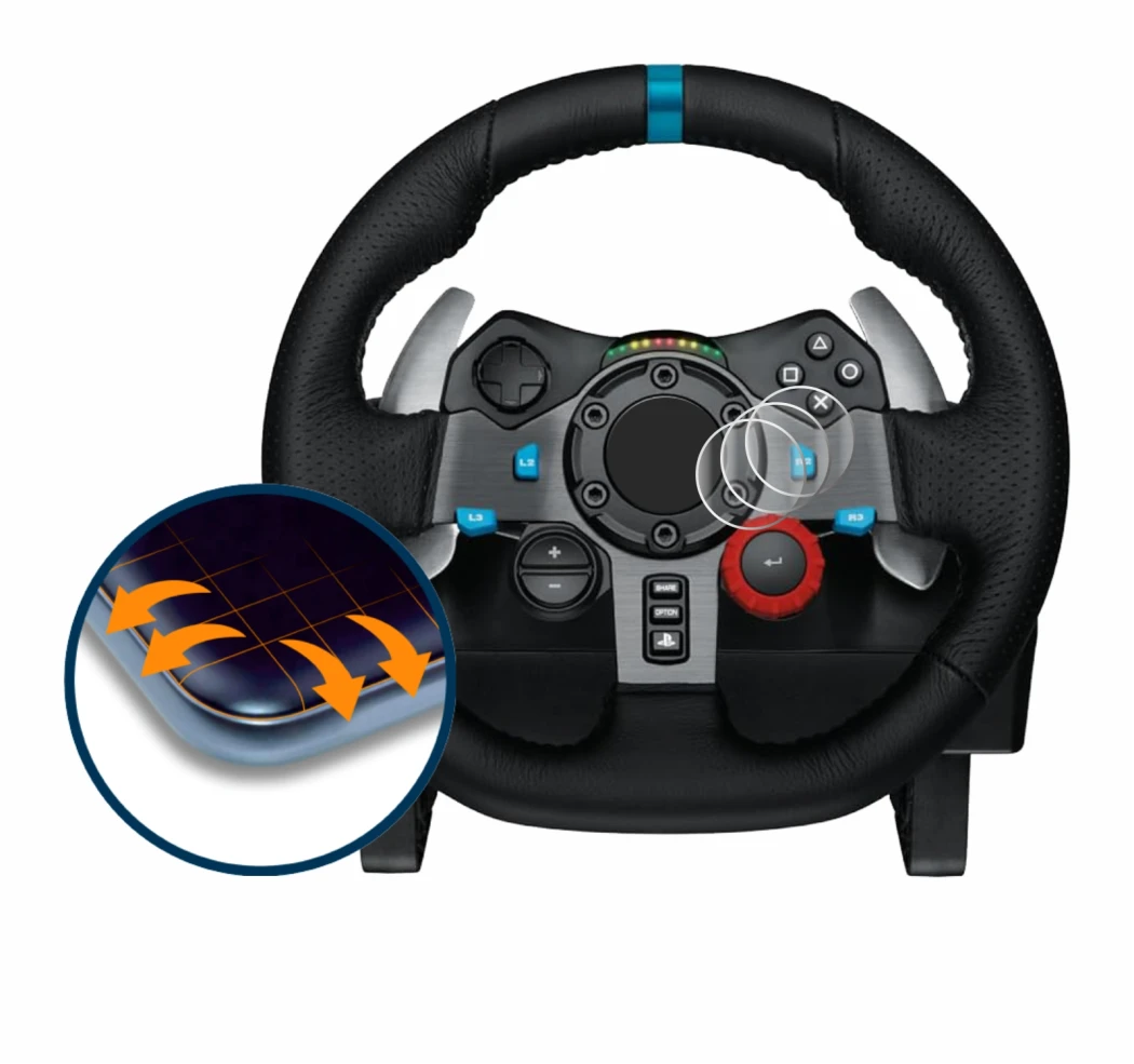 Abbildung des Geräts Logitech G29 Driving Force Gaming Rennlenkrad mit einer Vielzahl des Displayschutzes.