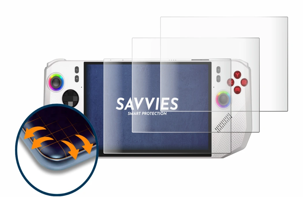 Abbildung des Geräts MSI Claw A8 BZ2EM mit einer Vielzahl des Displayschutzes.