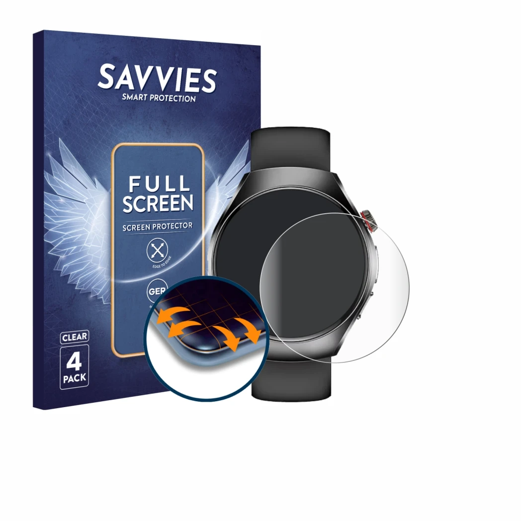 Vorderseite einer Produktverpackung mit dem Markenlogo Savvies. Daneben ist das Gerät Smartwatch ET460 1.47