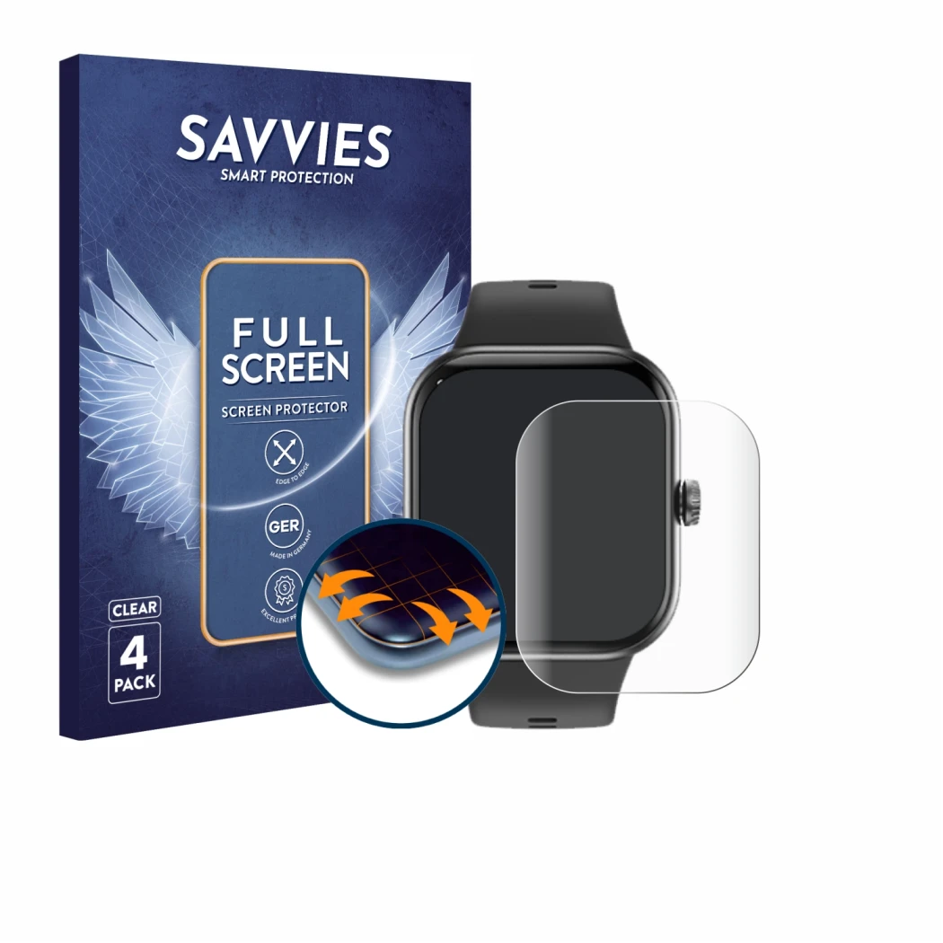 Vorderseite einer Produktverpackung mit dem Markenlogo Savvies. Daneben ist das Gerät Honor Choice InFoWear Watch 2 Pro mit de
