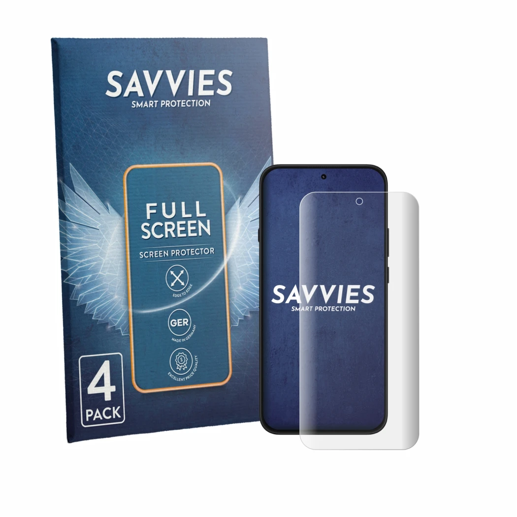 Vorderseite einer Produktverpackung mit dem Markenlogo Savvies. Daneben ist das Gerät Nothing Phone (4b) mit dem zugehörigen D