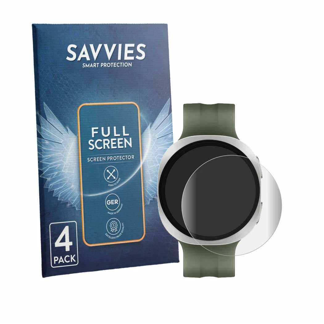 Vorderseite einer Produktverpackung mit dem Markenlogo Savvies. Daneben ist das Gerät Samsung Galaxy Watch 9 (40 mm) mit dem z