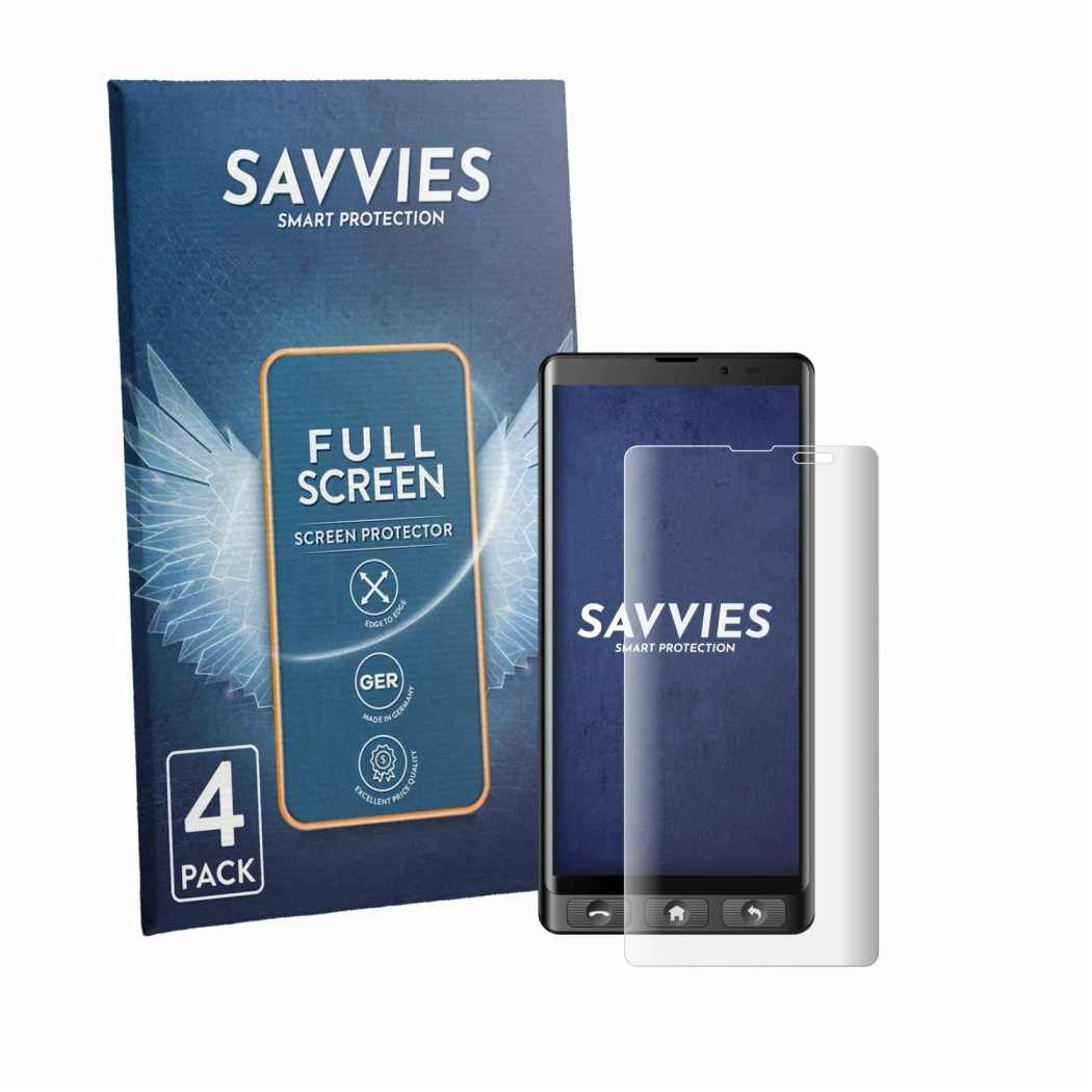 Vorderseite einer Produktverpackung mit dem Markenlogo Savvies. Daneben ist das Gerät Maxcom MS601 mit dem zugehörigen Display