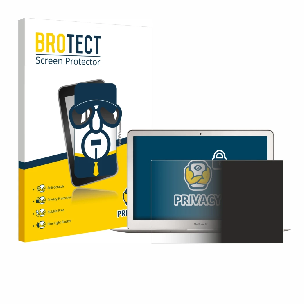 Vorderseite einer Produktverpackung mit dem Markenlogo BROTECT. Daneben ist das Gerät Apple MacBook Air 13