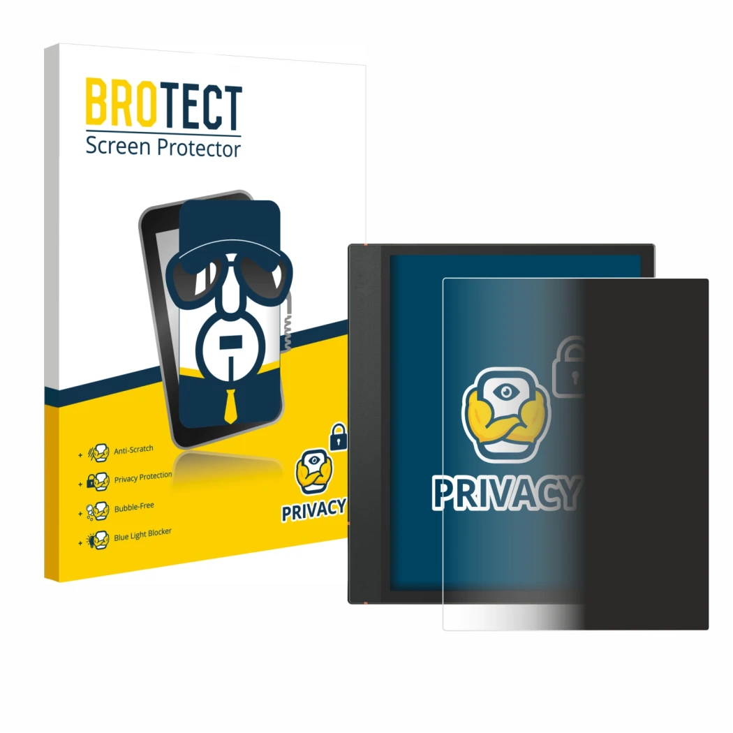 Vorderseite einer Produktverpackung mit dem Markenlogo BROTECT. Daneben ist das Gerät Boox Note Air 3 C mit dem zugehörigen Di