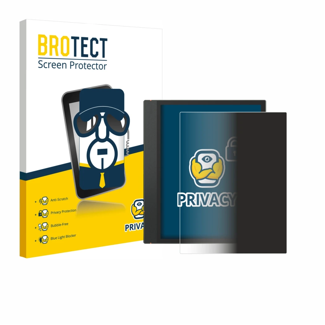 Vorderseite einer Produktverpackung mit dem Markenlogo BROTECT. Daneben ist das Gerät Boox Note Air 3 mit dem zugehörigen Disp