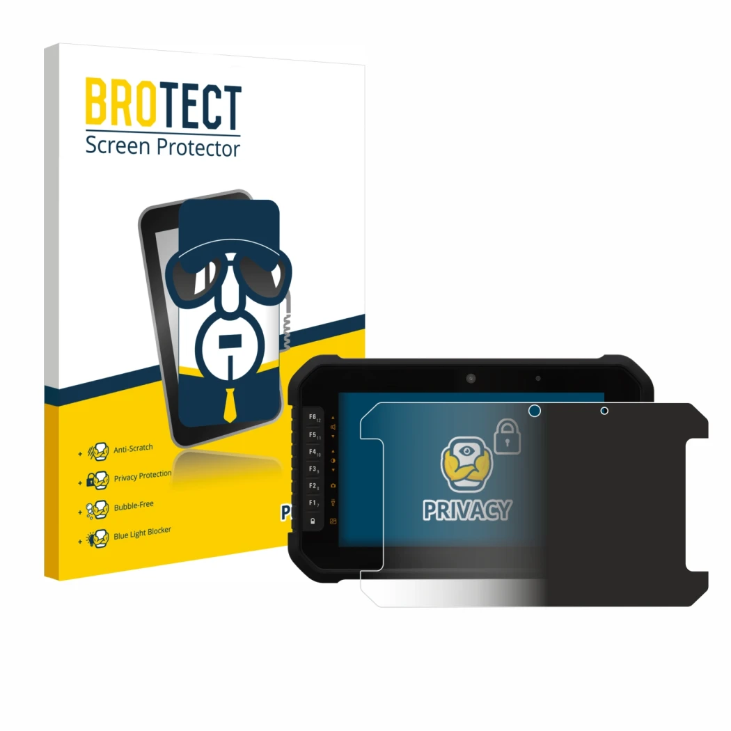 Vorderseite einer Produktverpackung mit dem Markenlogo BROTECT. Daneben ist das Gerät GeoMax Zenius 08 mit dem zugehörigen Dis