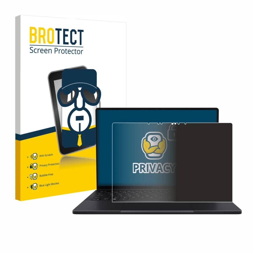 Vorderseite einer Produktverpackung mit dem Markenlogo BROTECT. Daneben ist das Gerät ASUS ProArt PX13 mit dem zugehörigen Dis