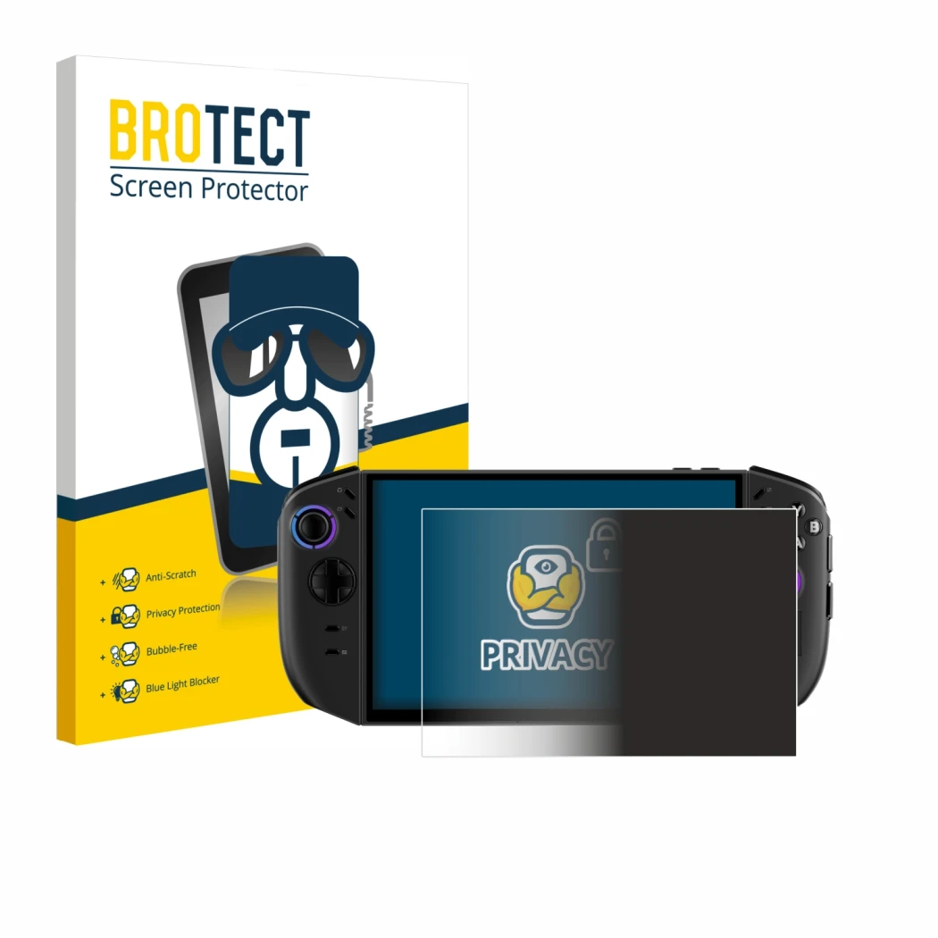 Vorderseite einer Produktverpackung mit dem Markenlogo BROTECT. Daneben ist das Gerät Lenovo Legion Go Gen 2 mit dem zugehörig