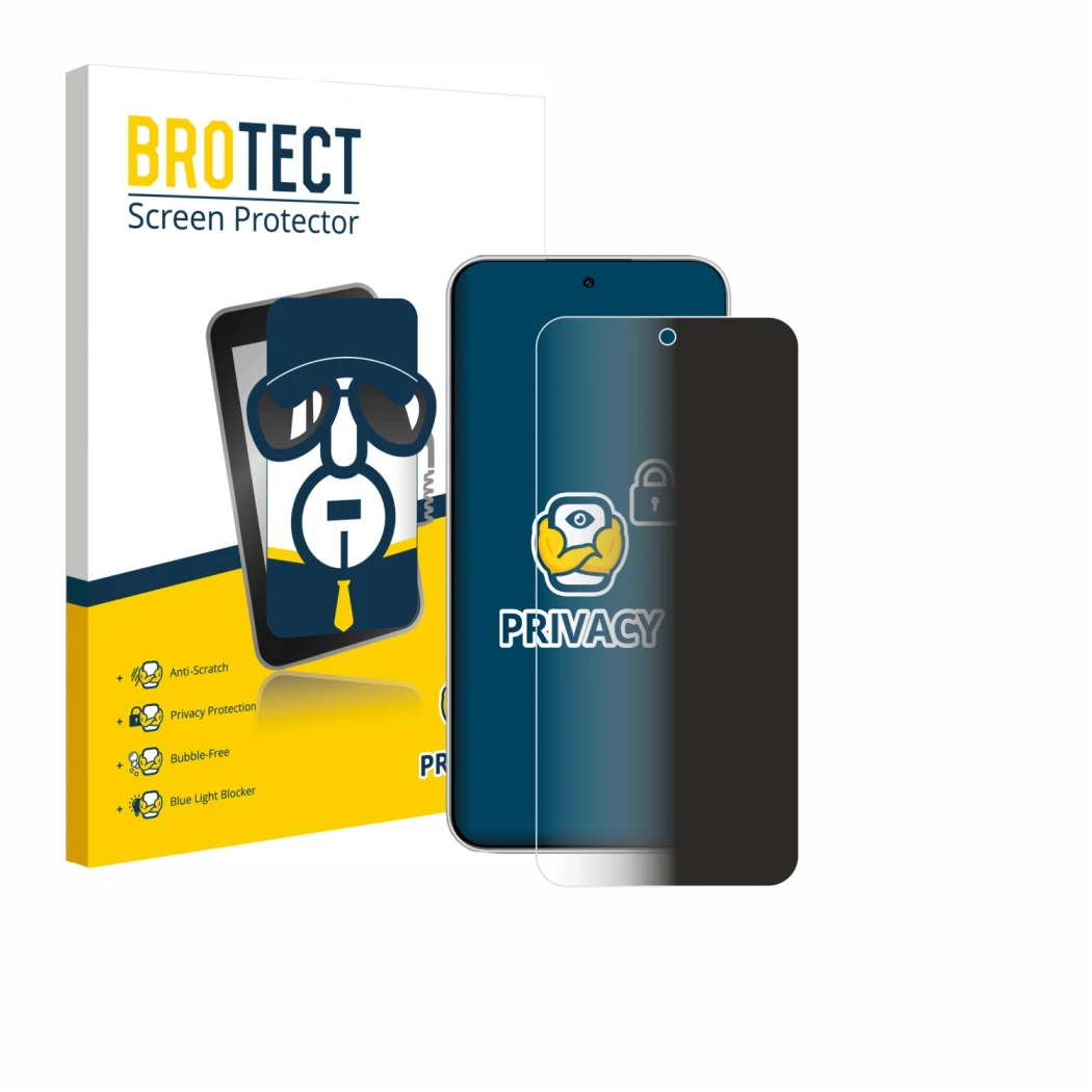 Vorderseite einer Produktverpackung mit dem Markenlogo BROTECT. Daneben ist das Gerät Xiaomi Redmi Note 15 Pro mit dem zugehör