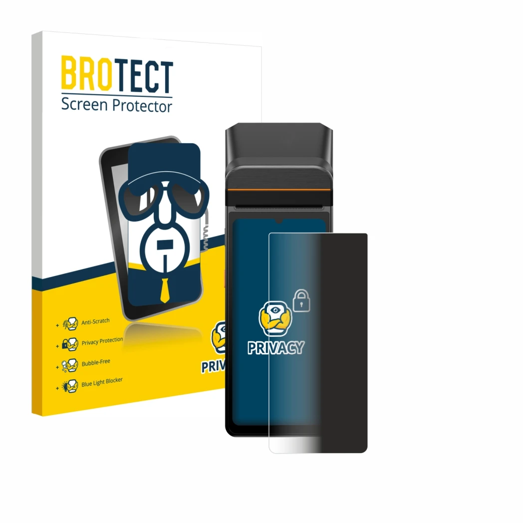 Vorderseite einer Produktverpackung mit dem Markenlogo BROTECT. Daneben ist das Gerät Sunmi V3 A13 mit dem zugehörigen Display