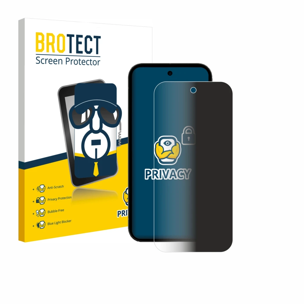 Vorderseite einer Produktverpackung mit dem Markenlogo BROTECT. Daneben ist das Gerät Google Pixel 10a mit dem zugehörigen Dis