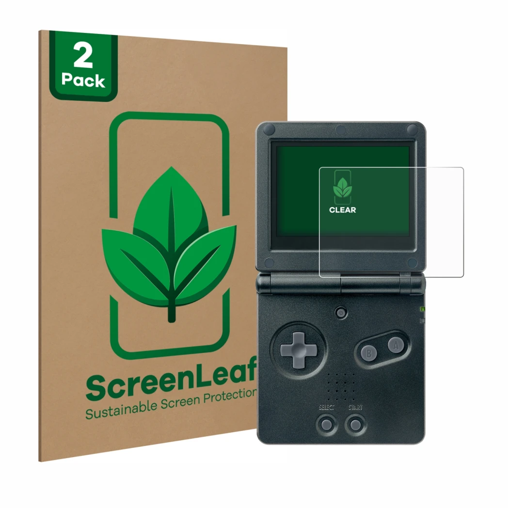 Vorderseite einer Produktverpackung mit dem Markenlogo ScreenLeaf. Daneben ist das Gerät Nintendo Gameboy Advance GBA SP mit d
