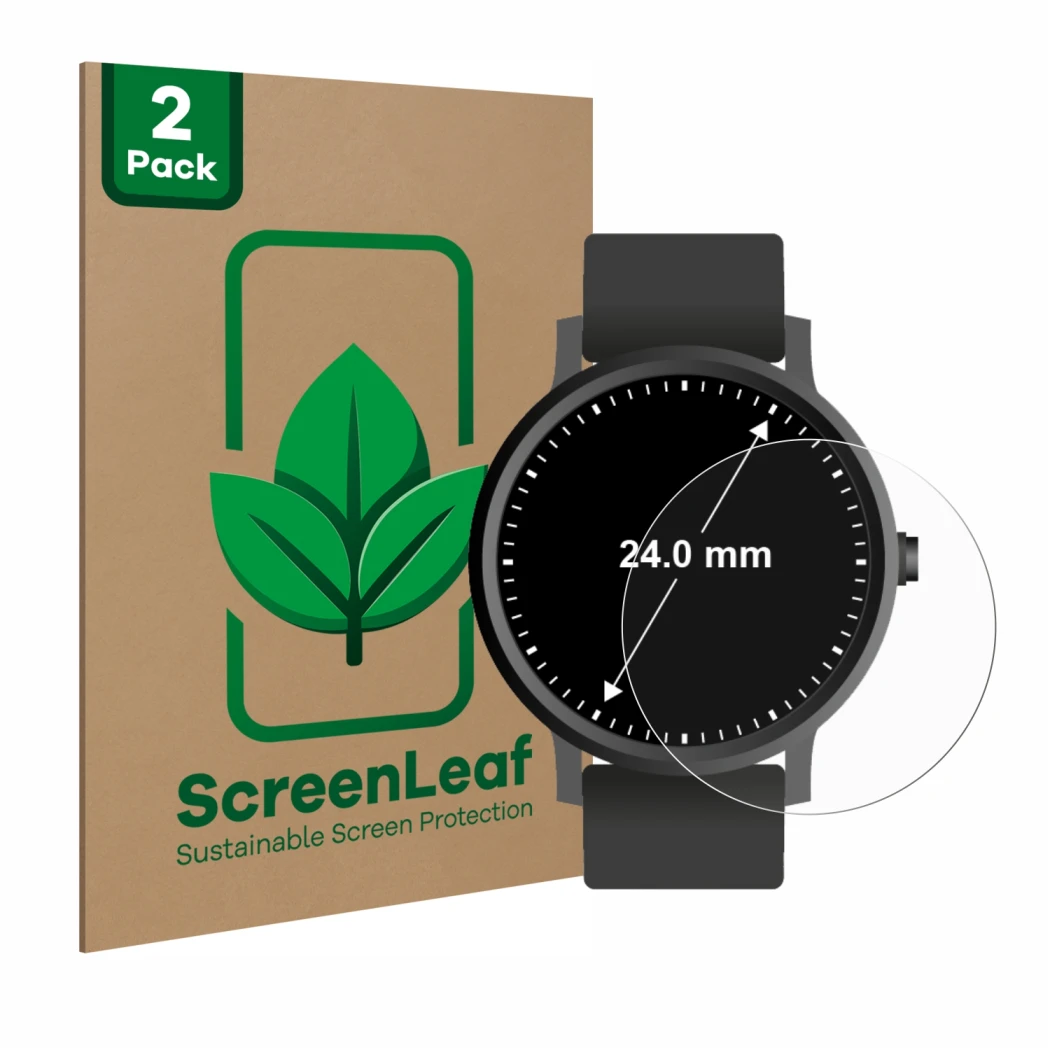 Vorderseite einer Produktverpackung mit dem Markenlogo ScreenLeaf. Daneben ist das Gerät Armbanduhren (Kreisrund, ø: 24 mm) mi