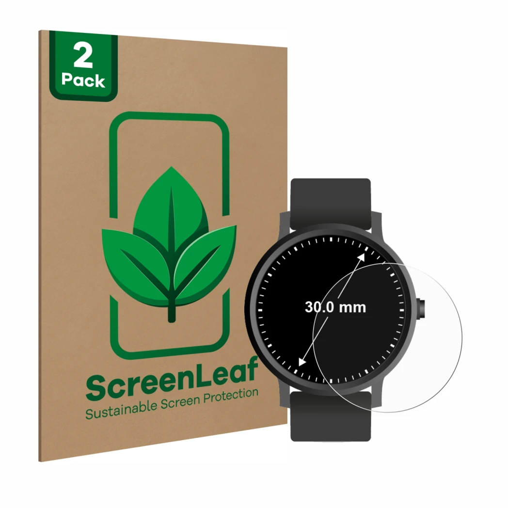 Vorderseite einer Produktverpackung mit dem Markenlogo ScreenLeaf. Daneben ist das Gerät Armbanduhren (Kreisrund, ø: 30 mm) mi