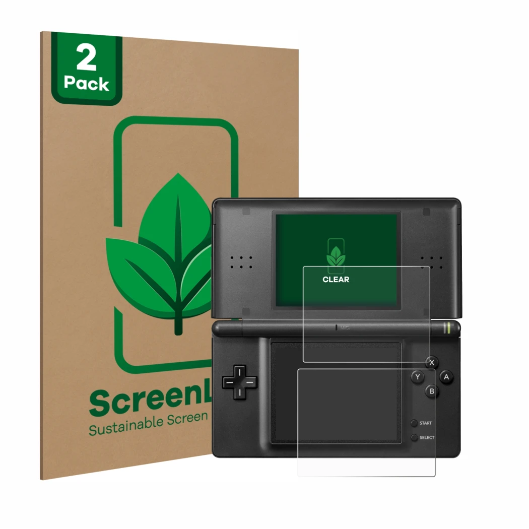 Vorderseite einer Produktverpackung mit dem Markenlogo ScreenLeaf. Daneben ist das Gerät Nintendo DS LITE mit dem zugehörigen 