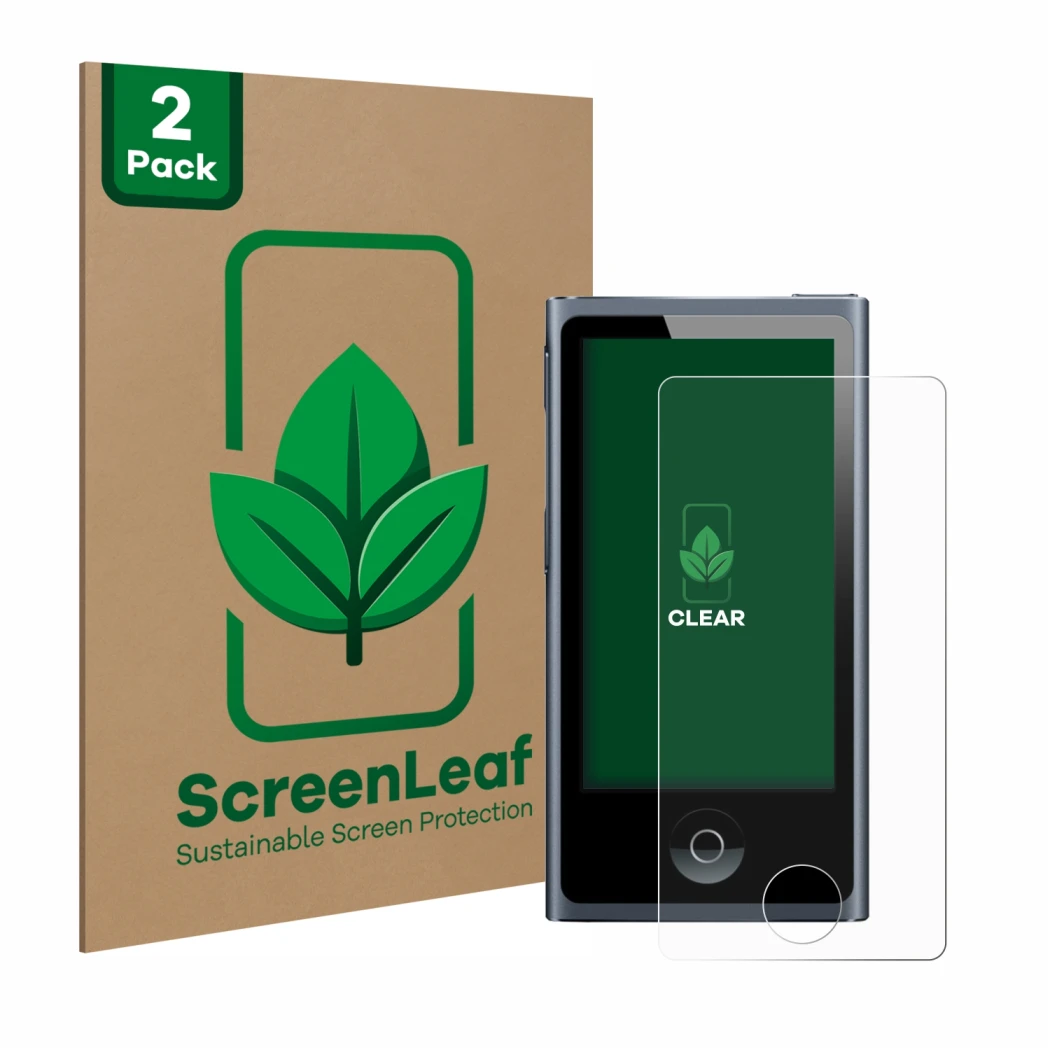 Vorderseite einer Produktverpackung mit dem Markenlogo ScreenLeaf. Daneben ist das Gerät Apple iPod nano 2012 (7. Gen.) mit de
