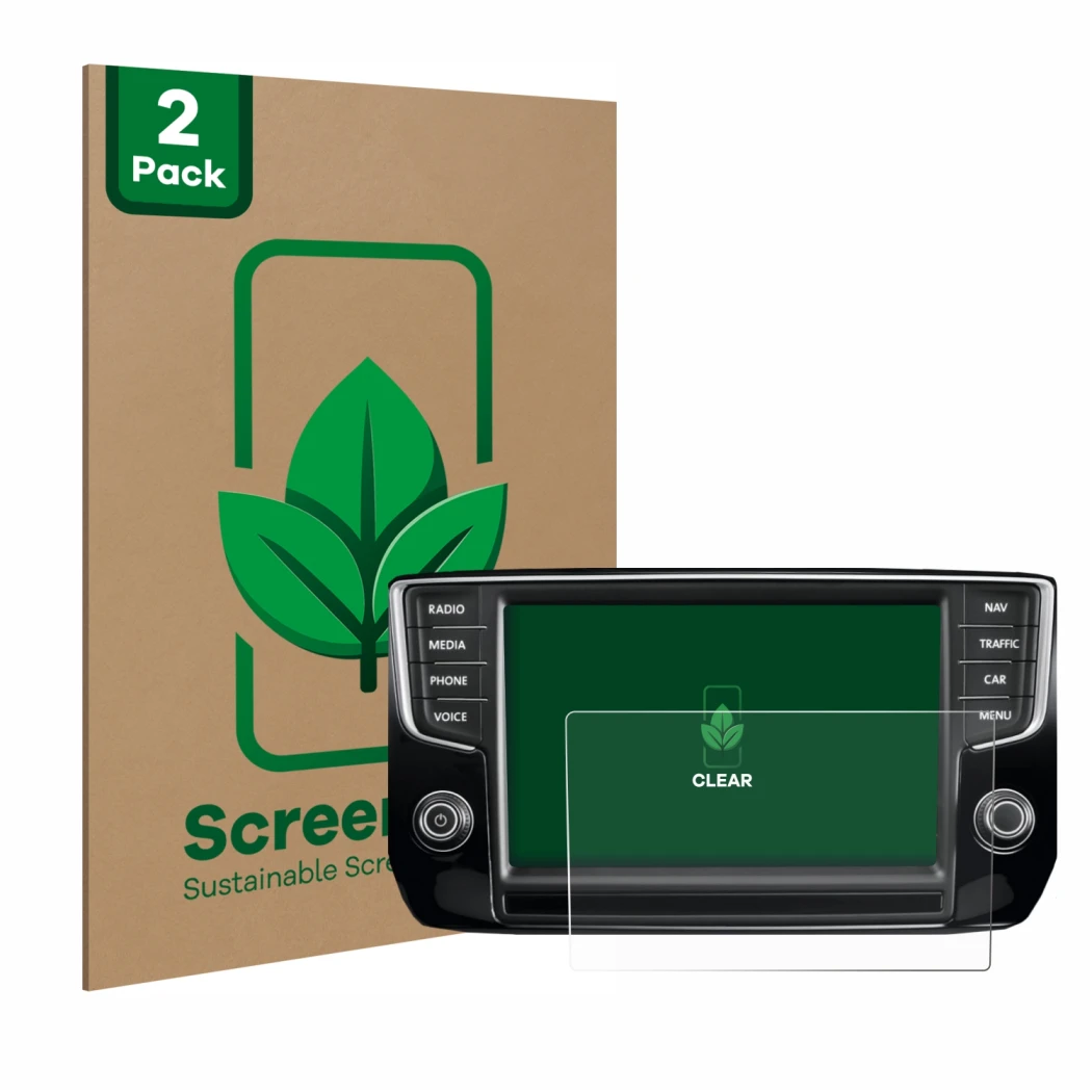 Vorderseite einer Produktverpackung mit dem Markenlogo ScreenLeaf. Daneben ist das Gerät Volkswagen Passat 2015 Discover Pro 8
