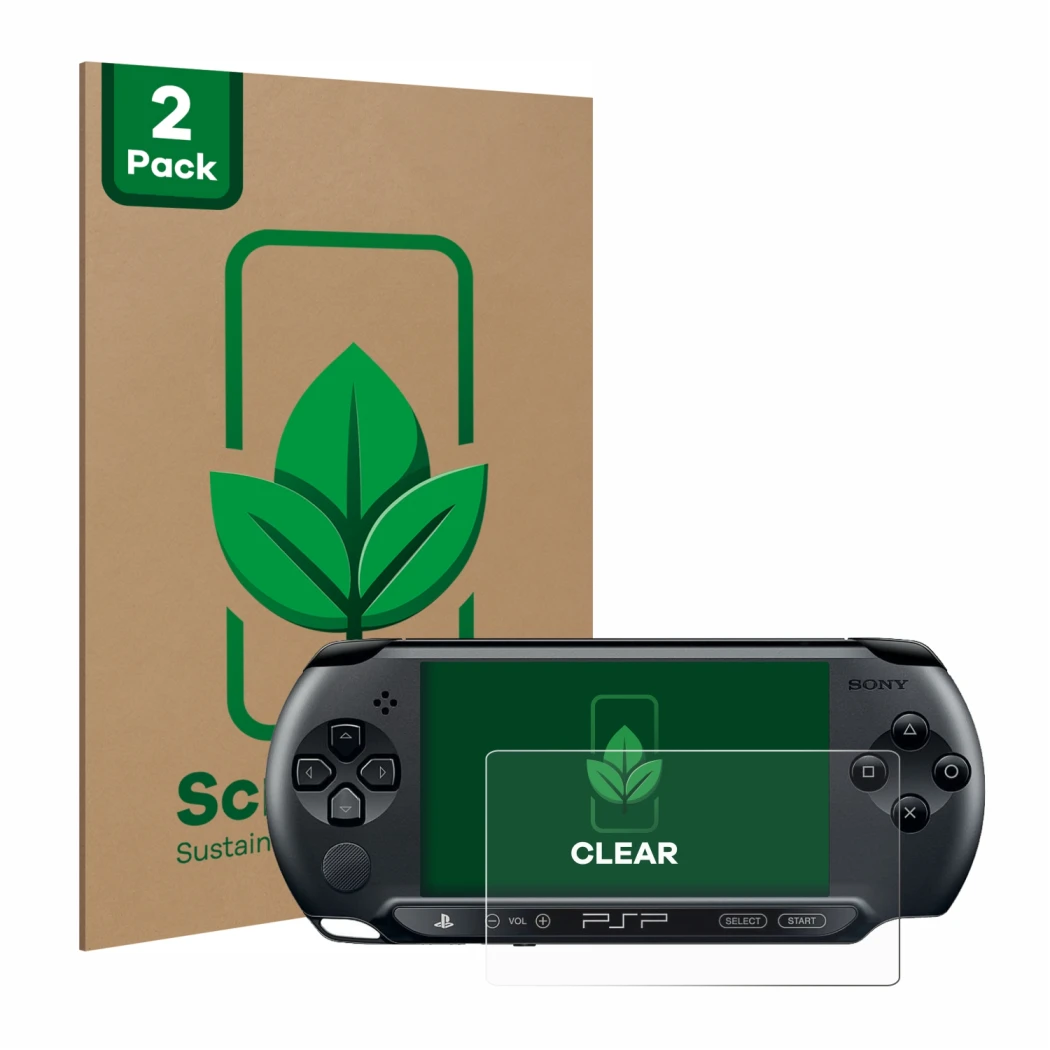 Vorderseite einer Produktverpackung mit dem Markenlogo ScreenLeaf. Daneben ist das Gerät Sony PSP 1004 mit dem zugehörigen Dis