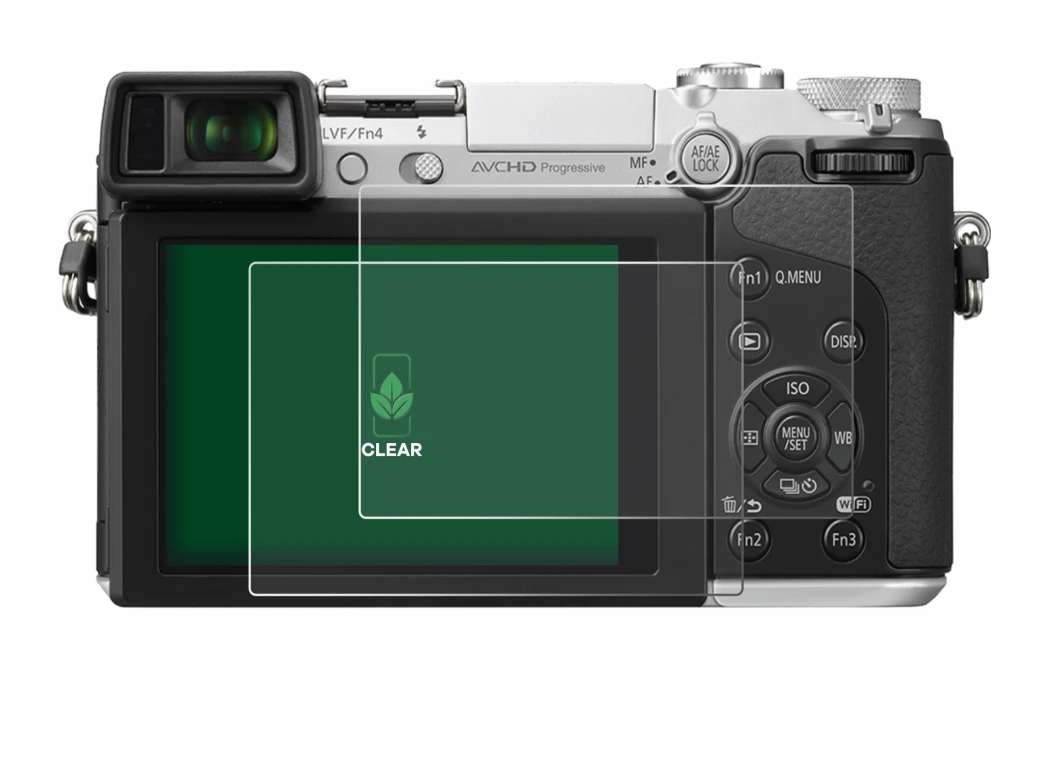 Abbildung des Geräts Panasonic Lumix DMC-GX7 mit einer Vielzahl des Displayschutzes.