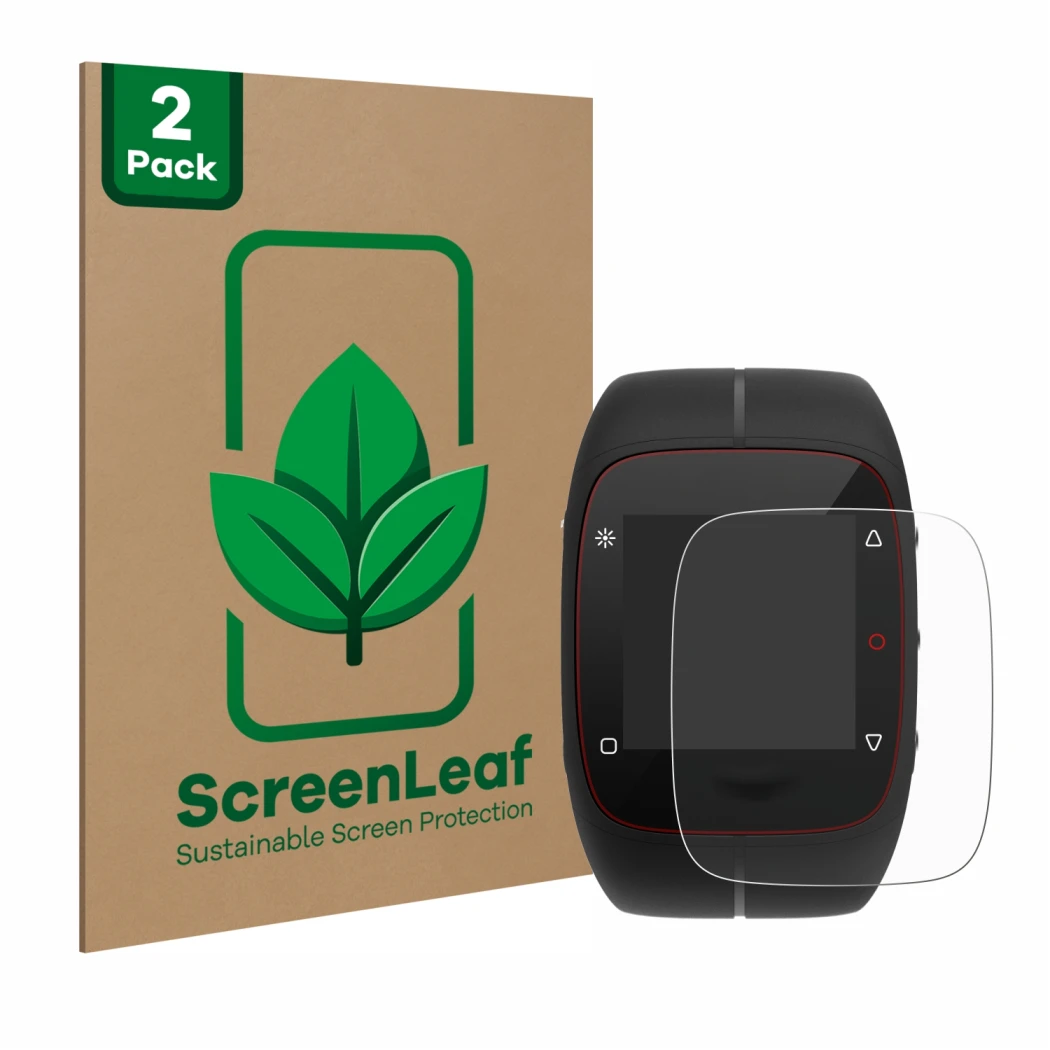 Vorderseite einer Produktverpackung mit dem Markenlogo ScreenLeaf. Daneben ist das Gerät Polar M400 mit dem zugehörigen Displa