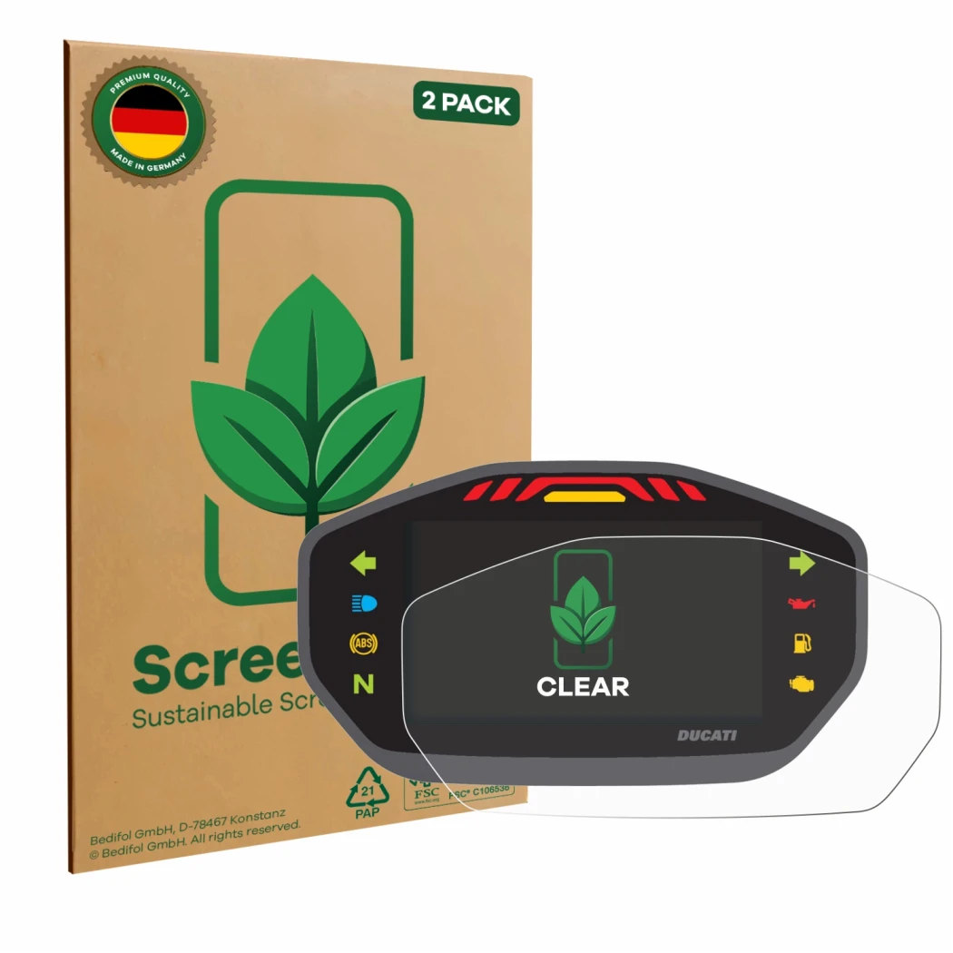 Vorderseite einer Produktverpackung mit dem Markenlogo ScreenLeaf. Daneben ist das Gerät Ducati Monster 1200 Colour-TFT-Displa