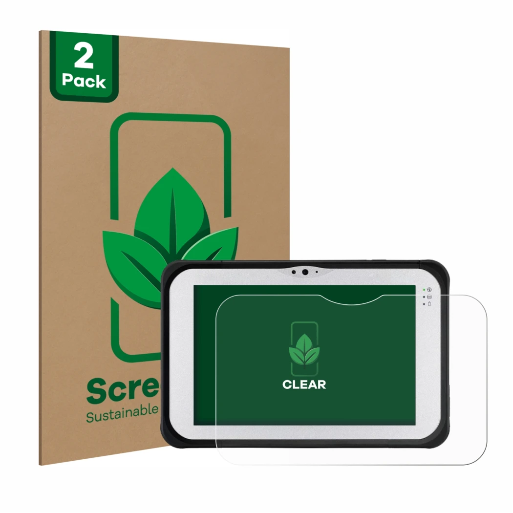 Vorderseite einer Produktverpackung mit dem Markenlogo ScreenLeaf. Daneben ist das Gerät Panasonic Toughpad FZ-M1 mit dem zuge