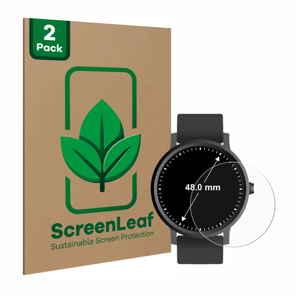 Vorderseite einer Produktverpackung mit dem Markenlogo ScreenLeaf. Daneben ist das Gerät Armbanduhren (Kreisrund, ø: 48 mm) mi
