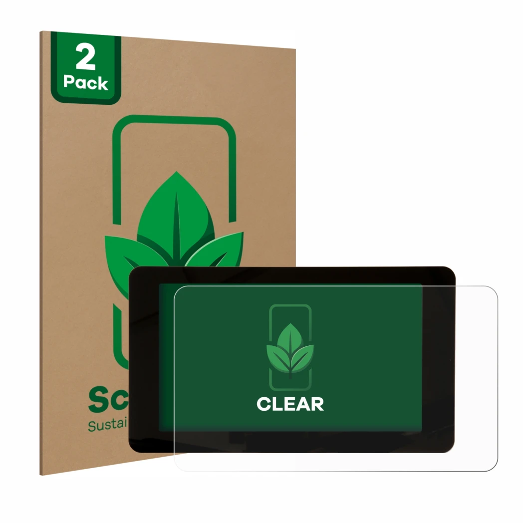 Vorderseite einer Produktverpackung mit dem Markenlogo ScreenLeaf. Daneben ist das Gerät Raspberry Pi Touchscreen 7