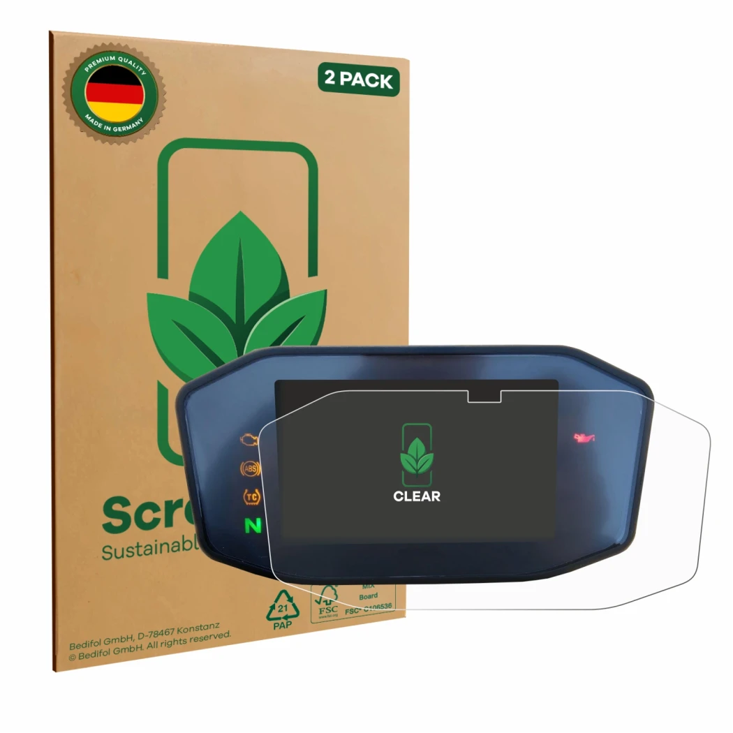 Vorderseite einer Produktverpackung mit dem Markenlogo ScreenLeaf. Daneben ist das Gerät KTM 690 Duke 2016 mit dem zugehörigen