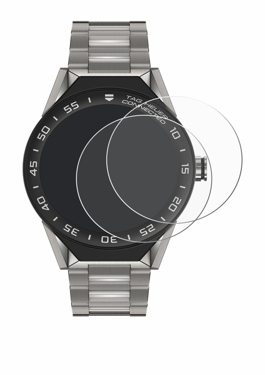 Abbildung des Geräts TAG Heuer Connected Modular 45 mit einer Vielzahl des Displayschutzes.