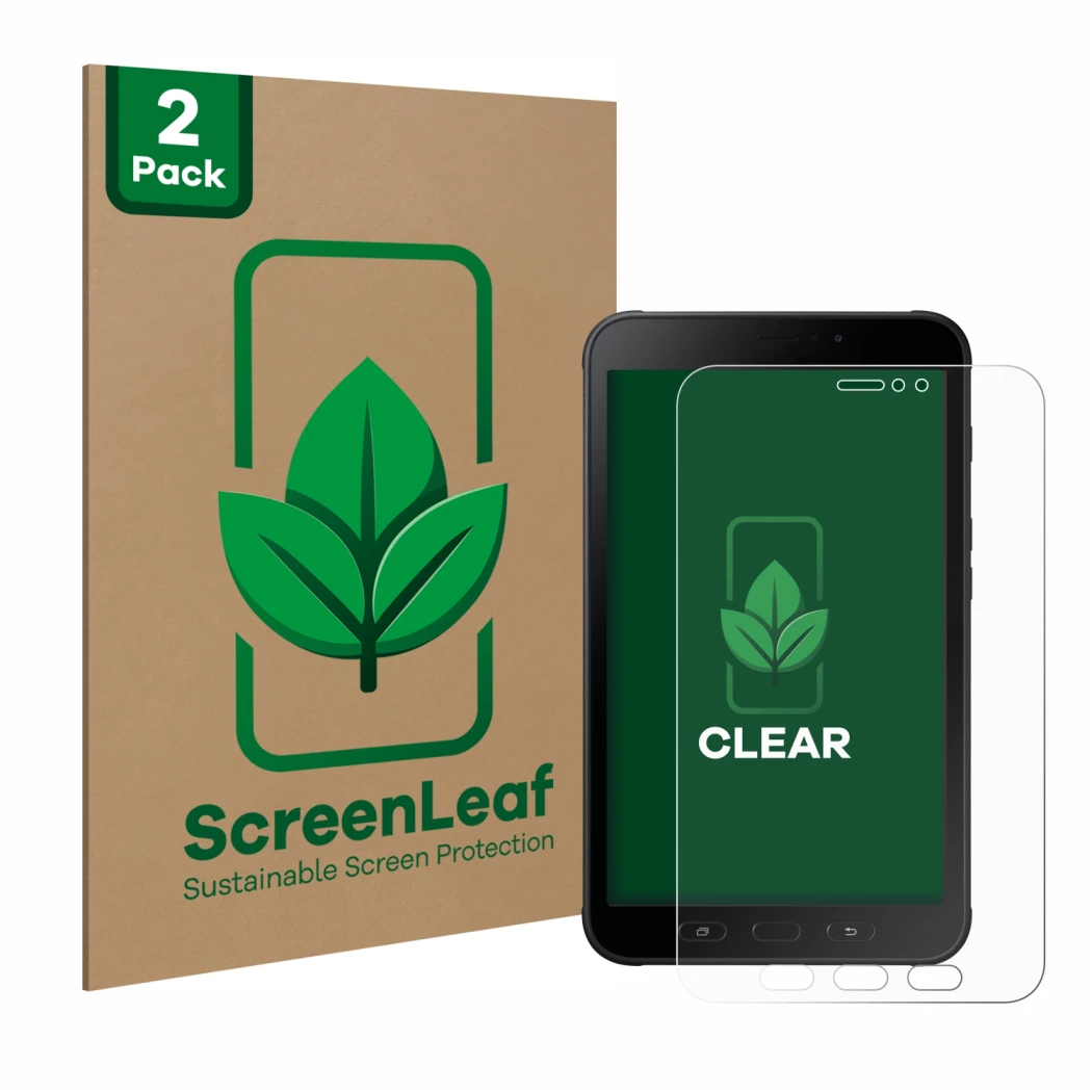 Vorderseite einer Produktverpackung mit dem Markenlogo ScreenLeaf. Daneben ist das Gerät Samsung Galaxy Tab Active 2 mit dem z