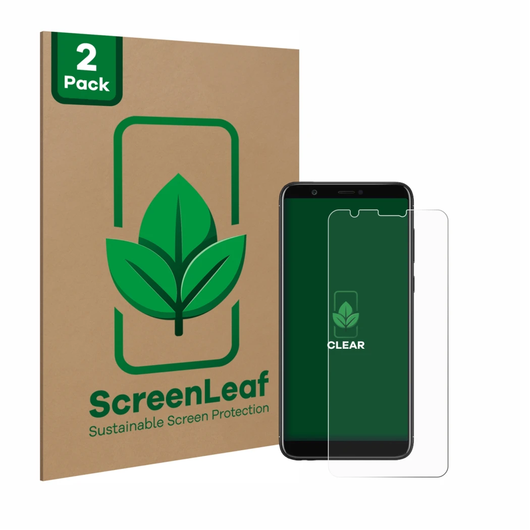 Vorderseite einer Produktverpackung mit dem Markenlogo ScreenLeaf. Daneben ist das Gerät Huawei P smart 2018 mit dem zugehörig