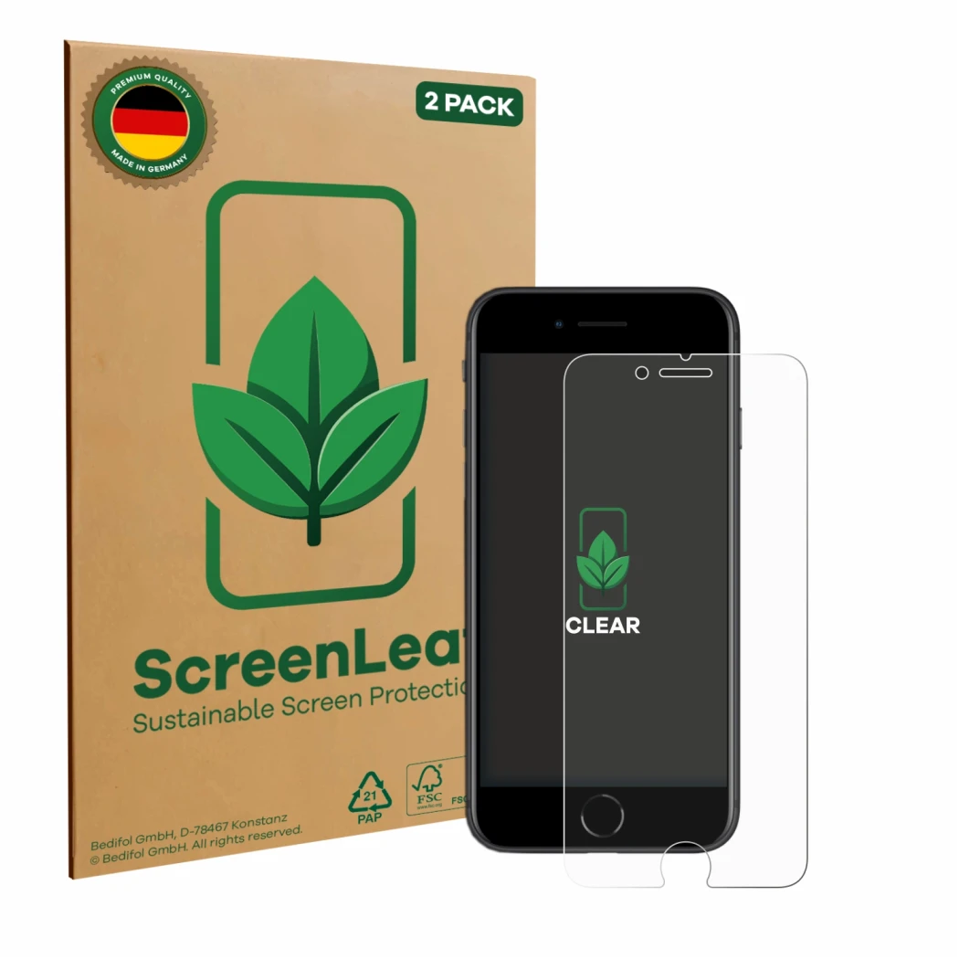 Vorderseite einer Produktverpackung mit dem Markenlogo ScreenLeaf. Daneben ist das Gerät Apple iPhone SE 2 2020 mit dem zugehö