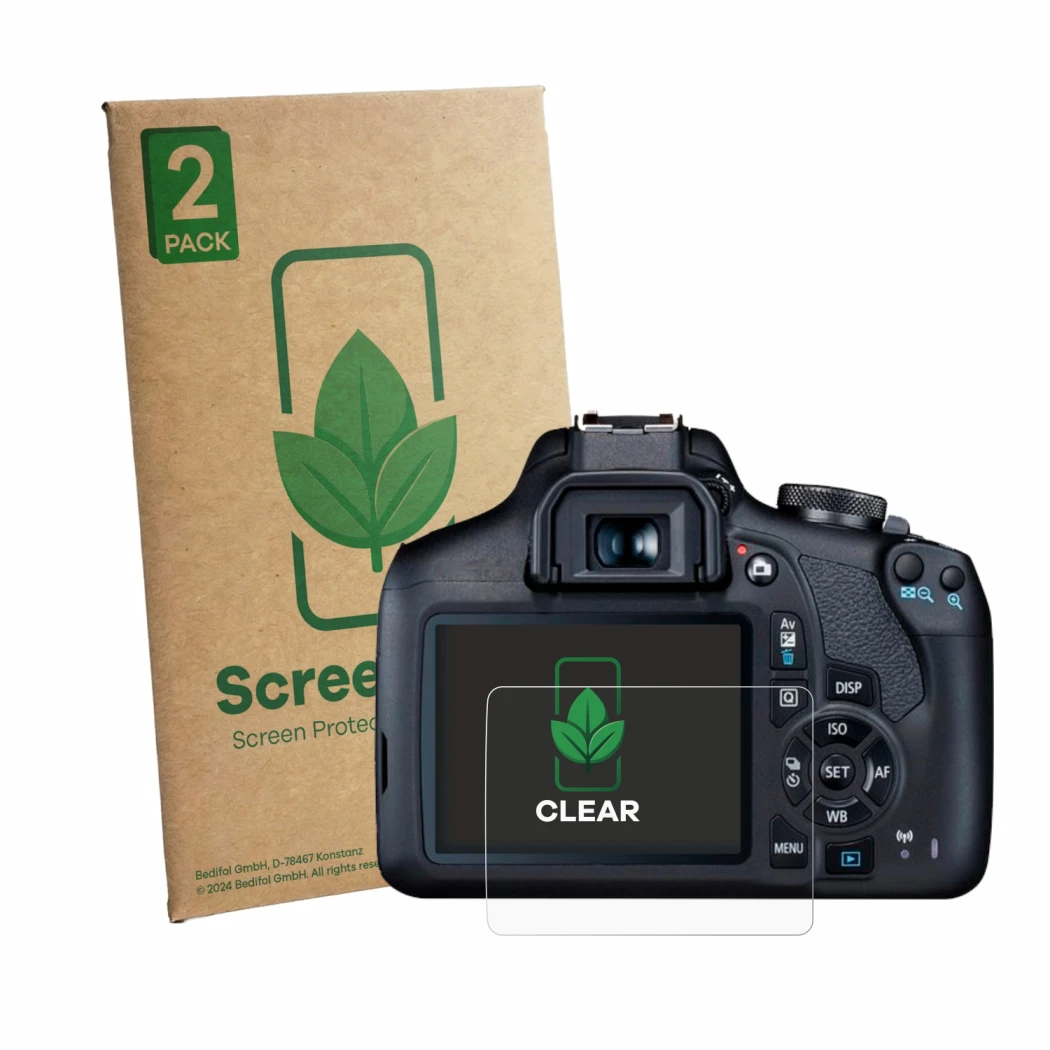 Vorderseite einer Produktverpackung mit dem Markenlogo ScreenLeaf. Daneben ist das Gerät Canon EOS 2000D mit dem zugehörigen D