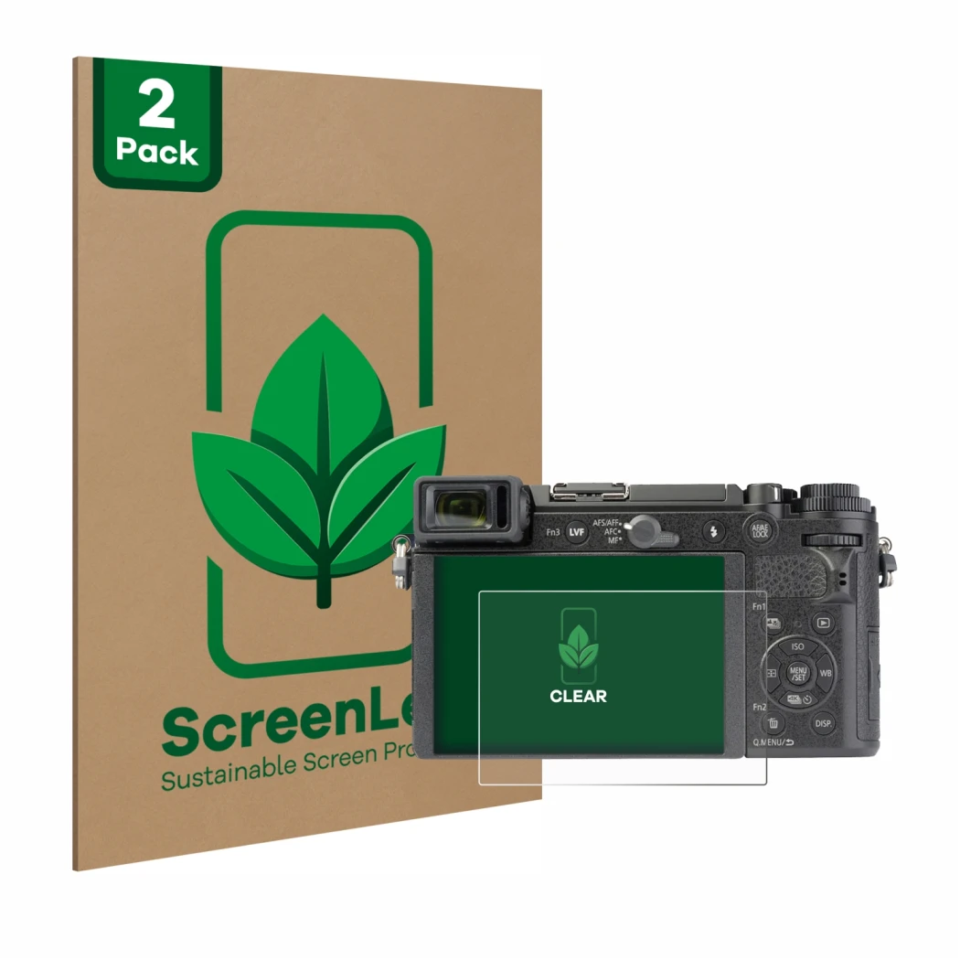 Vorderseite einer Produktverpackung mit dem Markenlogo ScreenLeaf. Daneben ist das Gerät Panasonic Lumix DC-GX9 mit dem zugehö