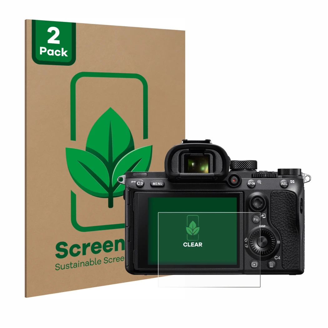 Vorderseite einer Produktverpackung mit dem Markenlogo ScreenLeaf. Daneben ist das Gerät Sony Alpha 7 III (ILCE-7M3) mit dem z