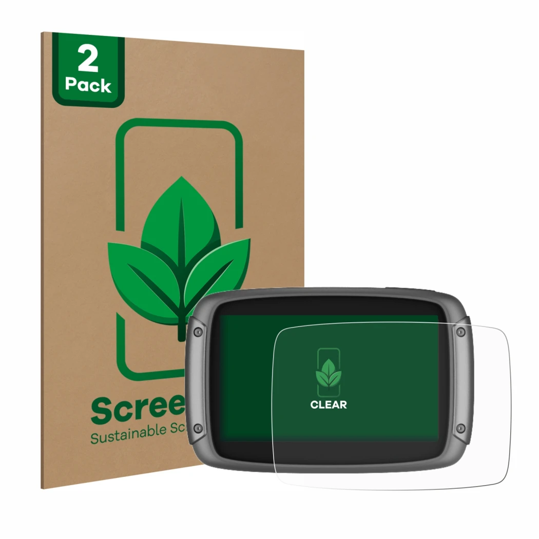 Vorderseite einer Produktverpackung mit dem Markenlogo ScreenLeaf. Daneben ist das Gerät TomTom Rider 550 mit dem zugehörigen 