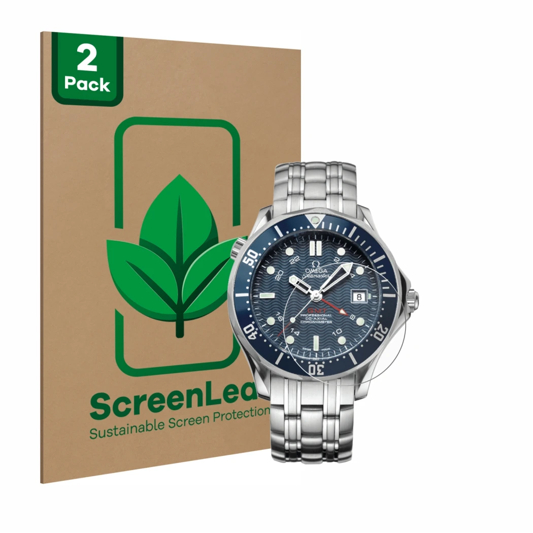 Vorderseite einer Produktverpackung mit dem Markenlogo ScreenLeaf. Daneben ist das Gerät Omega Seamaster Diver (41 mm) mit dem