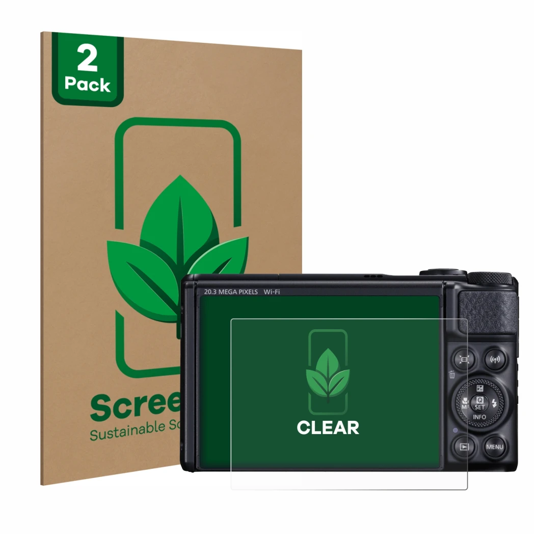 Vorderseite einer Produktverpackung mit dem Markenlogo ScreenLeaf. Daneben ist das Gerät Canon PowerShot SX740 HS mit dem zuge