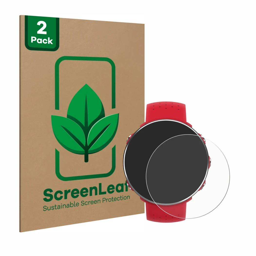 Vorderseite einer Produktverpackung mit dem Markenlogo ScreenLeaf. Daneben ist das Gerät Polar Vantage M mit dem zugehörigen D