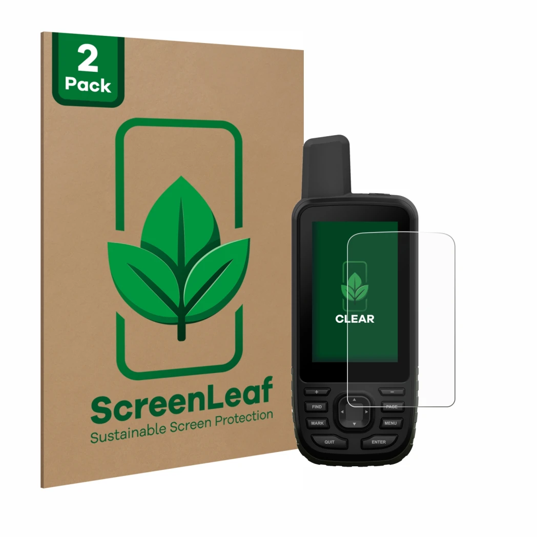 Vorderseite einer Produktverpackung mit dem Markenlogo ScreenLeaf. Daneben ist das Gerät Garmin GPSMAP 66s mit dem zugehörigen